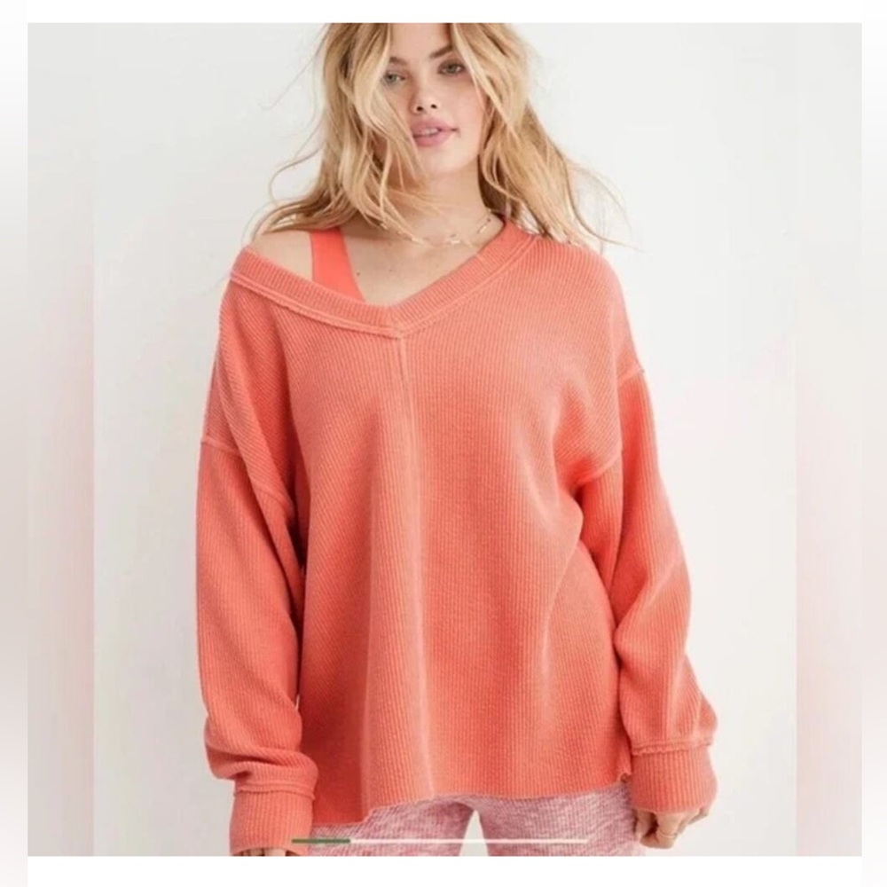 Aerie Ribbed V-Neck‎ Pullover S Orange